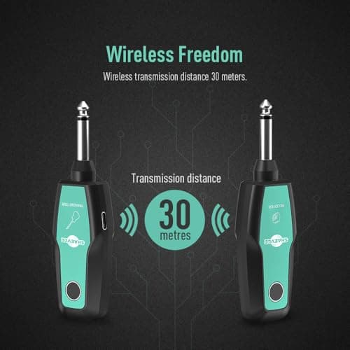 Wireless Guitar System 2.4GHz, Audio Wireless Transmitter Receiver with Rechargeable Battery, 30M/100ft Transmission Range, Auto Frequency Locking, for Guitar Bass Electric Instruments