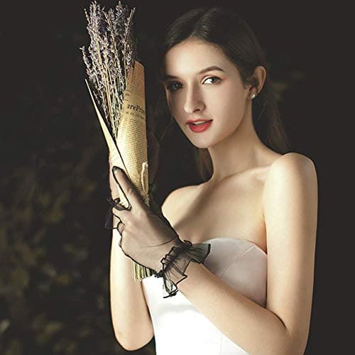 QRBTSCL Women's Ruffled Tulle Mesh Gloves Wedding Party Gloves Short Prom Evening Glove