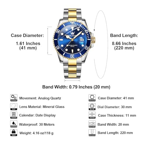 OLEVS Men's Stainless Steel Watch, Big Face Easy to Read Analog Quartz Dress Watches, Classic Rotating Bezel Waterproof Luminous Hands Date Mens Wristwatch