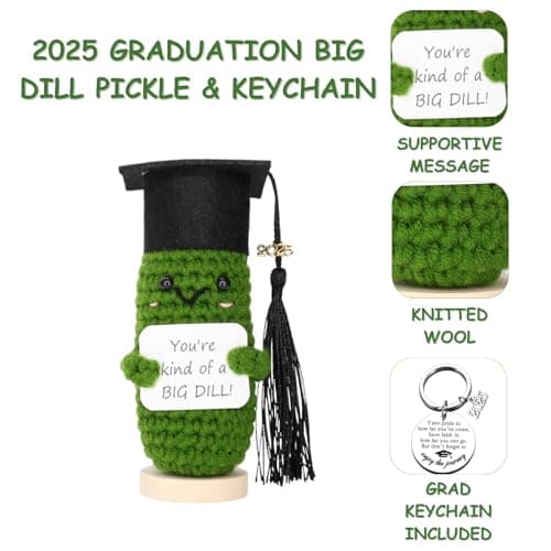 Graduation Gifts 2025 – Big Dill Crochet Pickle with Stand & Keychain | Handmade Grad Gift for High School, College, University, Nurses, PhD. Gifts for Her