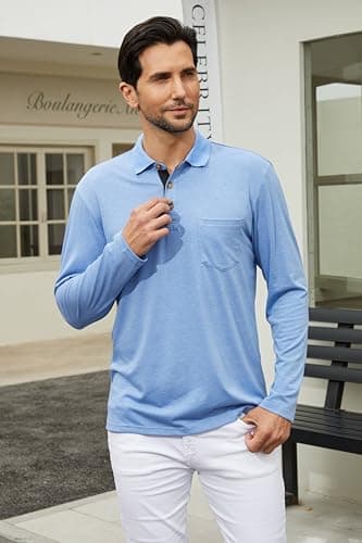 Qekoma Men's Casual Polo Shirts Classic Button Basic Long Sleeve Shirt Solid Color Cotton Tees Stylish Tops