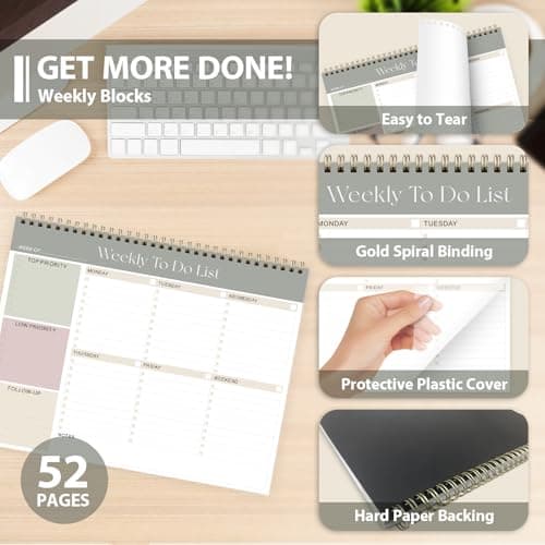 Weekly To Do List Notepad, Undated Planner with 52 Sheets (8.5''x11''), Desk Weekly Planner for Women & Man, Home School & Work