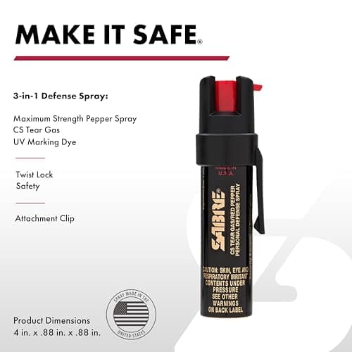 SABRE 3-in-1 Compact Defense Spray – Pepper Spray, Tear Gas & UV Dye, Max Police Strength, Belt Clip for Quick Access, 4X Longer Spray Time (Up to 13 Seconds), 0.67 fl oz, Secure & Easy Safety