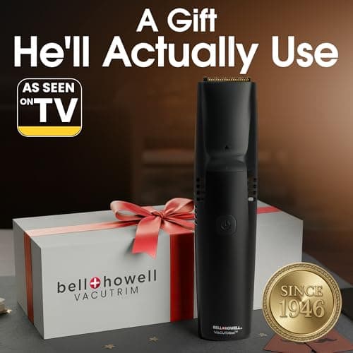 Bell+Howell Vacutrim Cordless Beard Trimmer – Rechargeable Electric Shaver with Built-in Vacuum, 20 Trim Settings, LED Indicator – for Mustache, Sideburns, Facial Hair – Deluxe, 7.5" As Seen On TV