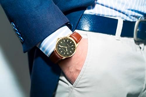 Perry Ellis Solar Powered Mens Watch | Vegan Leather Water-Resistant Analog Wrist Watches for Men | 43mm Case | Aluminum Tachymeter Bezel | Elegant Gift for Man