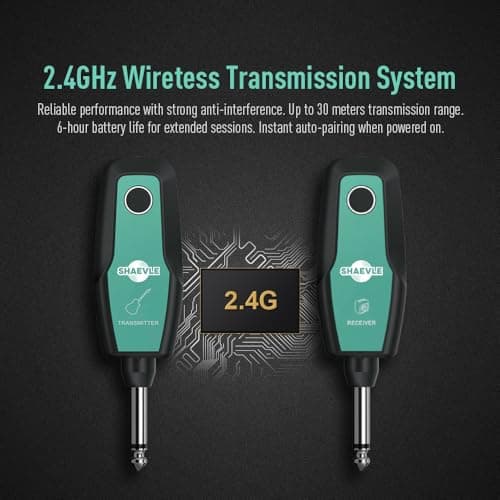 Wireless Guitar System 2.4GHz, Audio Wireless Transmitter Receiver with Rechargeable Battery, 30M/100ft Transmission Range, Auto Frequency Locking, for Guitar Bass Electric Instruments