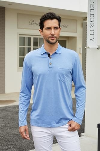 Envmb Men's Casual Long Sleeve Polo Shirts Button Classic Cotton Shirt Work Collared Stylish Golf Shirt with Pocket