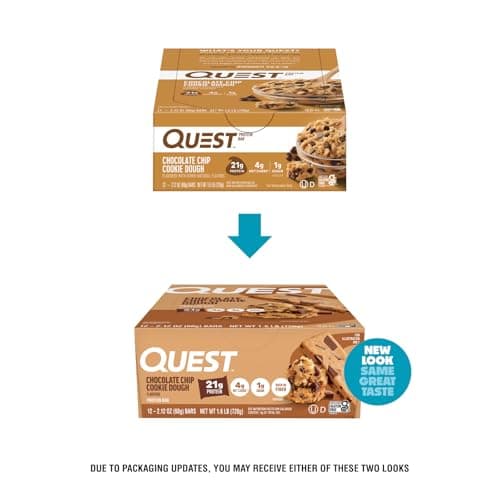 Quest Nutrition Chocolate Chip Dough Cookie Protein Bars, 21g Protein, 1g Sugar, 4g Net Carb, High Fiber, Gluten Free, Keto Friendy, 12 Count