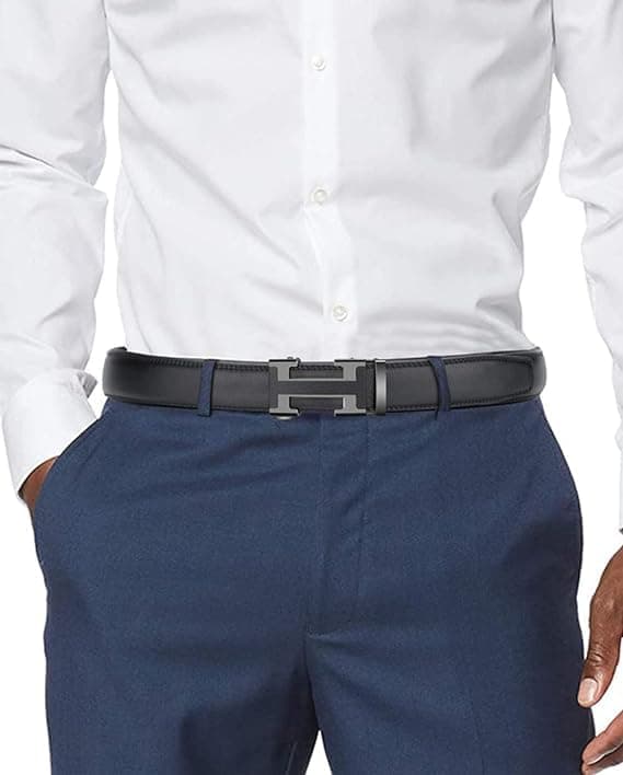 VJK Men's Leather Belt Ratchet Belt Dress with Premium Leather Slide Belt with Easier Adjustable Automatic Buckle Casual Accessories for Every Occasion (49in)