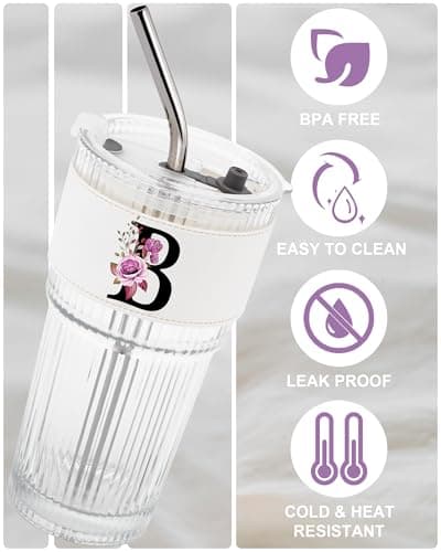 Alphabet Glass Cup with Lid Straw Ice Tea Ribbed Coffee Matcha Latte Clear Tumbler Cute Women Wife Wifey Girlfriend Gf Romantic Personalized Valentines Custom Funny Anniversary Special Day Gift B