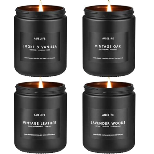 Auelife Scented Candles Set | Men Candle Set, Scented Candles for Home, Gifts for Men Aromatherapy Gift Set - 4 Pack Manly Gifts for Dad Fathers Day, Soy Candle of Leather/Smoke & Vanilla/Oak/Lavender