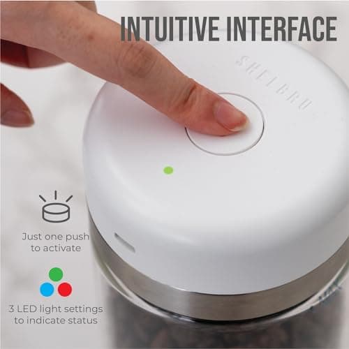 SHELBRU Smart Coffee Container & Food Storage w/Electric Vacuum Seal, Airtight Coffee Canister for Whole & Ground Bean Storage, Durable Borosilicate Glass Jar, Charging Cable Included, 10.5oz / 250g