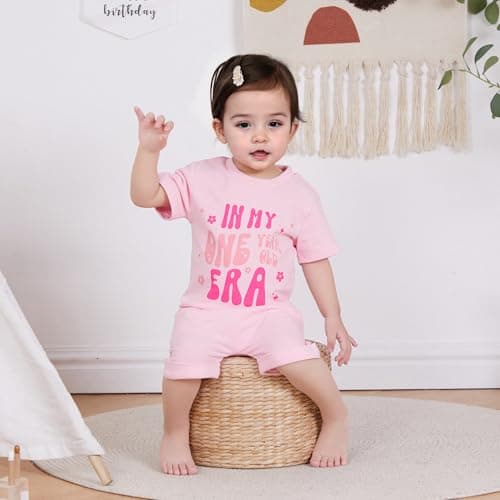 WZTYYDS Baby Girl First Birthday Outfit In My One Year Old Era Top Short Sleeve 1st Birthday Shirt + Casual Shorts Set
