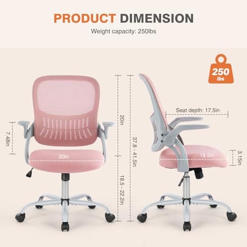 Sweetcrispy Home Office Computer Desk Chair, Ergonomic Mid-Back Mesh Rolling Work Swivel Task Chairs with Wheels, Comfortable Lumbar Support, Comfy Flip-up Arms for Bedroom, Study, Student, Pink