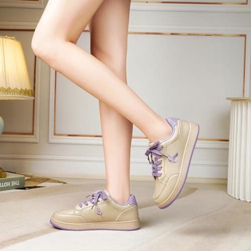 OKVOOT Women's Classic Fashion Sneakers Versatile Casual Walking Shoes Leather Comfort Skate Shoes Lightweight Non-Slip Flat Shoe Lace-up Minimalist Tennis Footwear