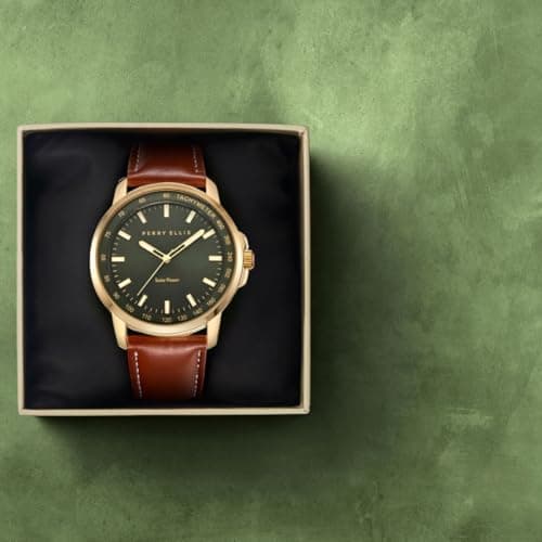 Perry Ellis Solar Powered Mens Watch | Vegan Leather Water-Resistant Analog Wrist Watches for Men | 43mm Case | Aluminum Tachymeter Bezel | Elegant Gift for Man