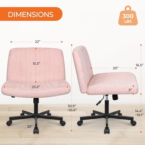 Orange Factory Criss Cross Chair Wheels Wide Cross Legged Office Desk Vanity Chair Comfy Fabric Armless Adjustable Swivel for Home Computer Task (Pink)