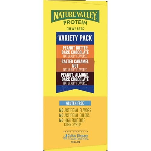 Nature Valley Protein Bars Variety Pack, Gluten Free Chewy Granola Snack Bars, 10g Protein, Peanut Butter Dark Chocolate, Salted Caramel Nut, Peanut Almond Dark Chocolate, 15 Count, 21.3 oz Box