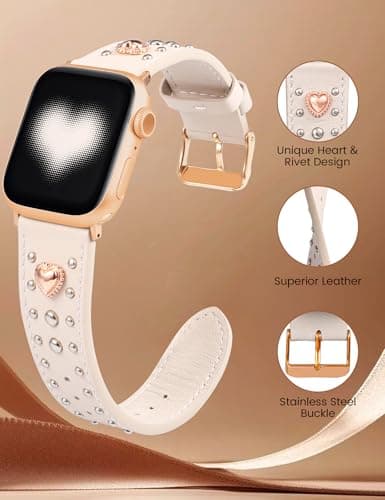 Wearlizer Leather Band Compatible with Apple Watch Bands Women 42/46/38/40/41/44/45/49mm, Dressy Fancy Designer Pretty Heart Charms Studded Strap for iWatch Series 11 10 9 8 7 6 5 4 SE/Ultra 3 2 1