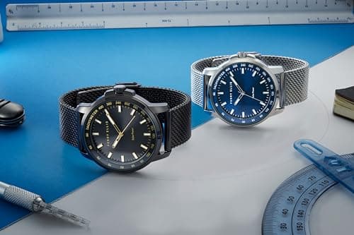 Perry Ellis Solar Powered Mens Watch | Steel Mesh Band | Water-Resistant Analog Wrist Watches for Men | 43mm Case | Aluminum Tachymeter Bezel | Elegant Gift for Man