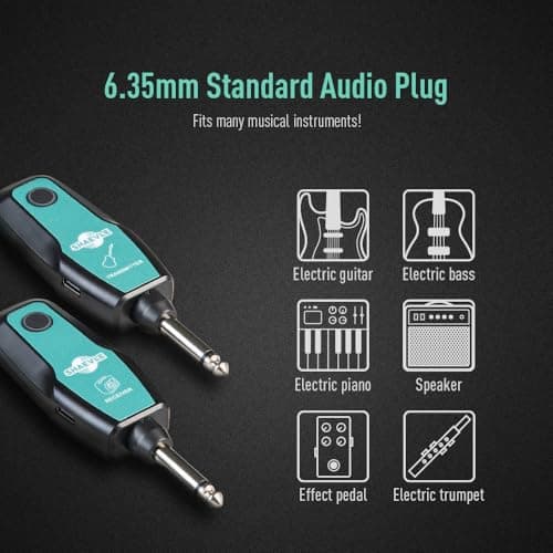 Wireless Guitar System 2.4GHz, Audio Wireless Transmitter Receiver with Rechargeable Battery, 30M/100ft Transmission Range, Auto Frequency Locking, for Guitar Bass Electric Instruments