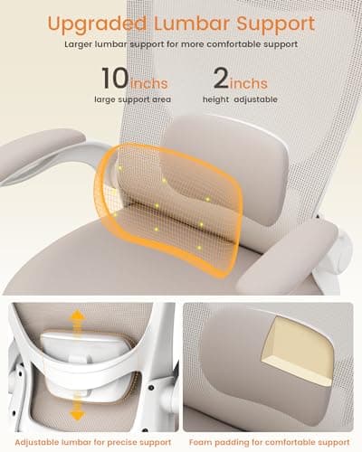 MUXX.STIL Office Chair, Ergonomic Desk Chair with Adjustable Lumbar Support and Flip up Armrest, Breathable Mesh Computer Chair for Home Office, Khaki
