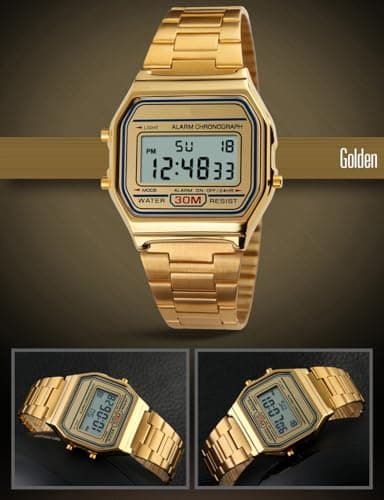 PASOY Men's Digital Gold Stainless Steel Watch Backlit Multifunction Stopwatch Waterproof Sport Watches
