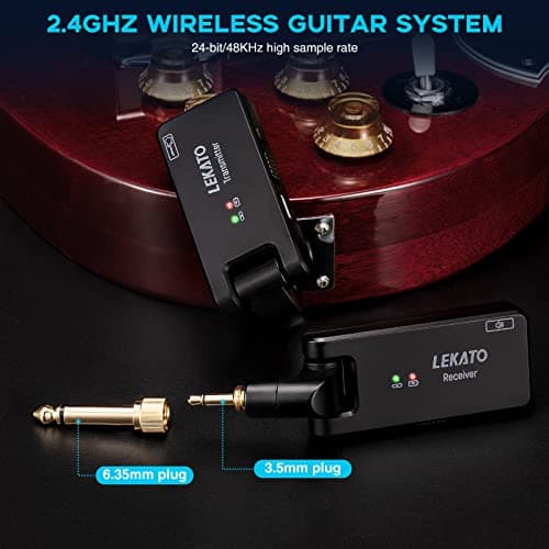 LEKATO Wireless Guitar System with Charging Case, Rechargeable 2.4GHz Wireless Transmitter Receiver Guitar Wireless System 4 Channels with Dual Plugs 3.5mm/6.35mm,(WS-100)