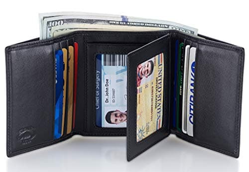 Stealth Mode Leather Trifold RFID Wallet For Men With Flip Out ID Holder (Black)