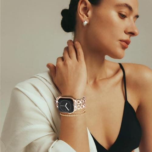 WINGLE for Apple Watch Band 42/46/38/40/41/44/45/49mm Women Designer Dressy Bands Fancy Chain Bracelet Stainless Steel Elegant Jewelry Metal Strap for iWatch Series 11 10 9 8 7 6 5 4 SE/Ultra 3 2 1