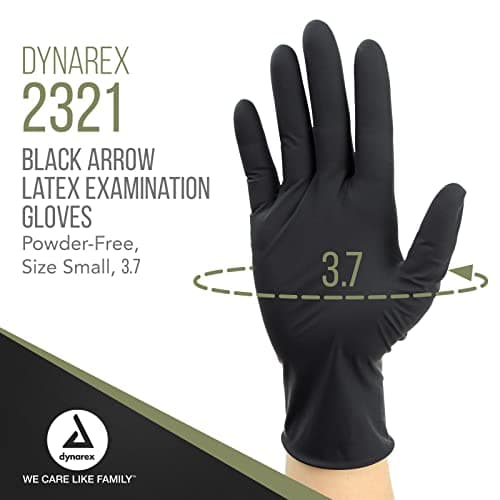 Dynarex Black Arrow Disposable Latex Exam Gloves, Powder-Free, For Healthcare, Law Enforcement, Tattoo, Salon or Spa, Black (1000, Small) [Packaging May Vary]