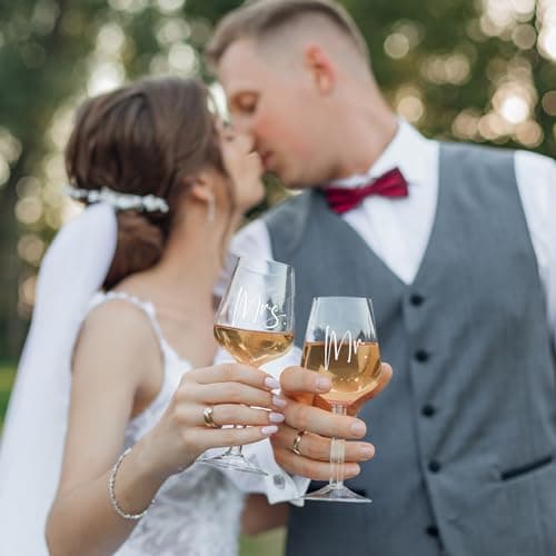 AW BRIDAL Wedding Gifts Bridal Shower Gifts Engagement Gift for Couples Newlyweds Mr & Mrs Wedding Wine Glasses Set of 2 - Wine Opener Wine Stopper with Engraved Wooden Keepsake Box