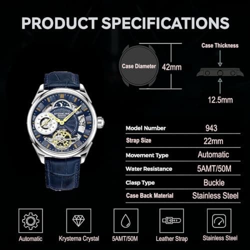 Stuhrling Mens Automatic Dress Watch Stainless Steel with Automatic Skeleton with Duel Time AM/PM Indicator