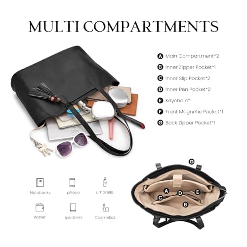 befen Genuine Leather Tote Bag for Women Work, Women's Tote Handbags Shoulder Satchel Purse with Compartments and Tassel