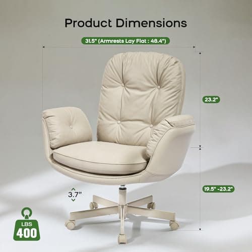 amseatec Criss Cross Chair with Armrests & Wheels for Cross-Legged Sitting, Comfortable Adjustable Swivel Office Desk Chair –PU Leather Vanity Chair for Home, Makeup and Bedroom (Cream)