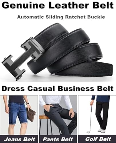 VJK Men's Leather Belt Ratchet Belt Dress with Premium Leather Slide Belt with Easier Adjustable Automatic Buckle Casual Accessories for Every Occasion (49in)