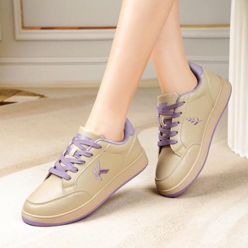 OKVOOT Women's Classic Fashion Sneakers Versatile Casual Walking Shoes Leather Comfort Skate Shoes Lightweight Non-Slip Flat Shoe Lace-up Minimalist Tennis Footwear