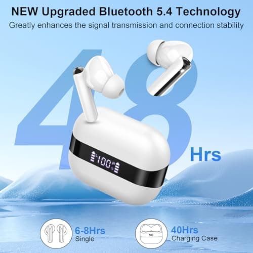 Wireless Earbuds, 2025 Bluetooth 5.4 Headphones Bass Stereo, Ear Buds with 4 Mics ENC Noise Cancelling, Bluetooth Earbuds 48H Playtime LED Display Charging Case, IP7 Waterproof in Ear Earphones white