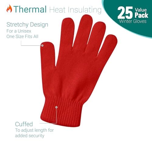 Winterlace 25 Pack Winter Gloves, Unisex Thermal Magic Glove Thick Knit Brushed Interior Bulk Bundle