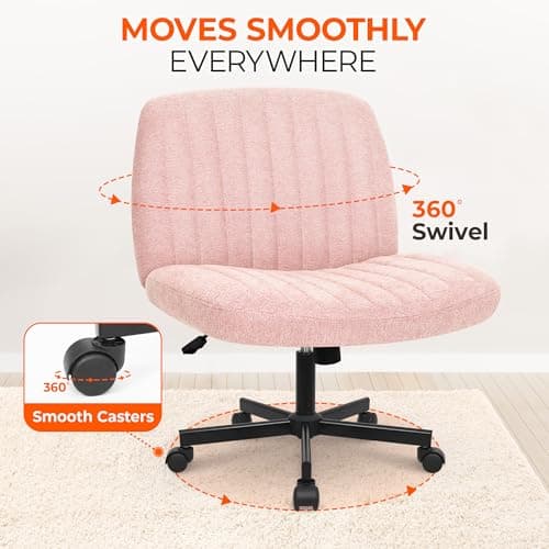 Orange Factory Criss Cross Chair Wheels Wide Cross Legged Office Desk Vanity Chair Comfy Fabric Armless Adjustable Swivel for Home Computer Task (Pink)