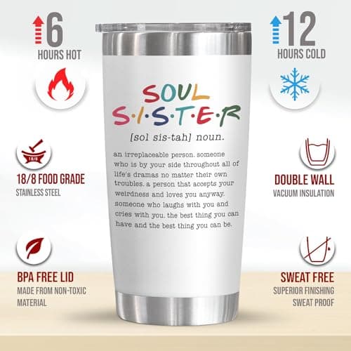 TEEZWONDER Friendship Gifts for Women - Soul Sister Stainless Steel Insulated Coffee Tumbler with Lid 20 oz - Mothers Day Birthday Gifts for Friendship Women Friend BFF Female Work Bestie Coworkers