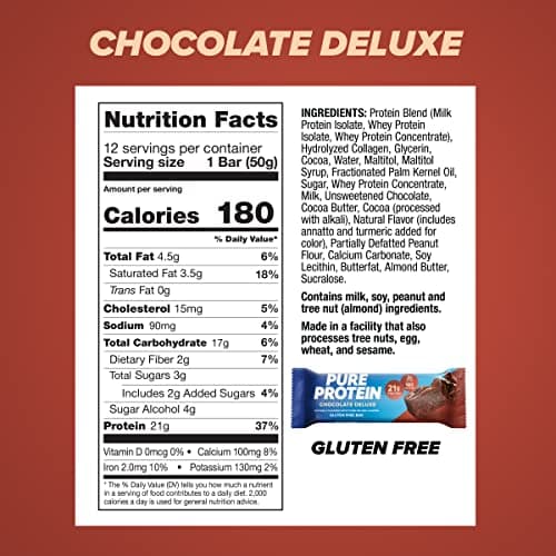Pure Protein Chocolate Deluxe Protein Bars – 20g Protein, 3g Sugar, 190 Calories (12 count) Low Sugar* High Protein Snack - Gluten Free - Perfect for a Healthy Snack