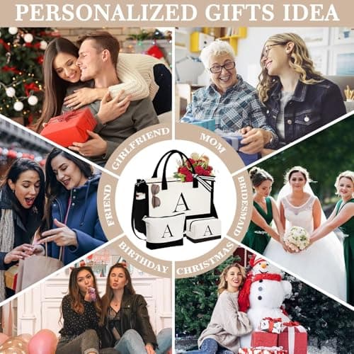 YOOLIFE Initial Canvas Tote Bag & Makeup Bag, Birthday Gifts for Women Mom Sister Friends, Bridesmaid Wedding Gifts