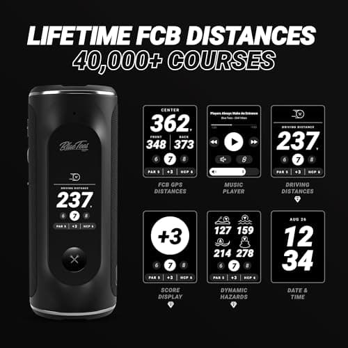 Blue Tees Golf Player+ GPS Speaker with Touch Screen Display, 10+ Hours Battery, 40,000+ Courses, Visual + Audible Distance, Hazard Distance - IPX7 Waterproof (Navy)