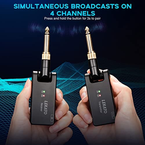 LEKATO Wireless Guitar System with Charging Case, Rechargeable 2.4GHz Wireless Transmitter Receiver Guitar Wireless System 4 Channels with Dual Plugs 3.5mm/6.35mm,(WS-100)