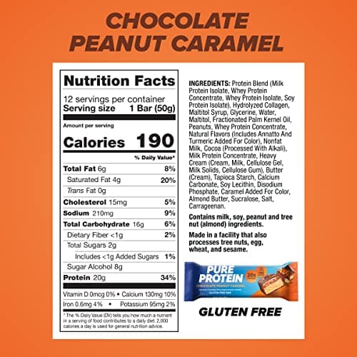 Pure Protein Chocolate Peanut Caramel Protein Bars – 20g Protein, 3g Sugar, 190 Calories (12 count) Low Sugar* High Protein Snack - Gluten Free - Perfect for a Healthy Snack