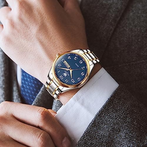 OLEVS Men's Casual Stainless Steel Watch, Big Face Easy to Read Analog Quartz Watch with Day and Date, Classic Waterproof Diamond Roman Arabic Numerals Dial Dress Watch for Men, Gold Silver Black Band