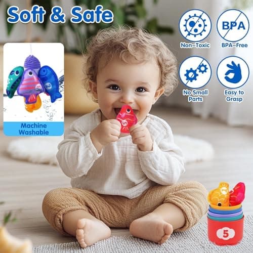 Montessori Toys for 1 Year Old - Cloth Fishing Game Toddler Toys Age 1-2 with Stacking Cups - Sorting Learning Baby Toy 12-18 Months - One Year Old Boy Girl First Birthday Gifts for 1 2 3 Year Old