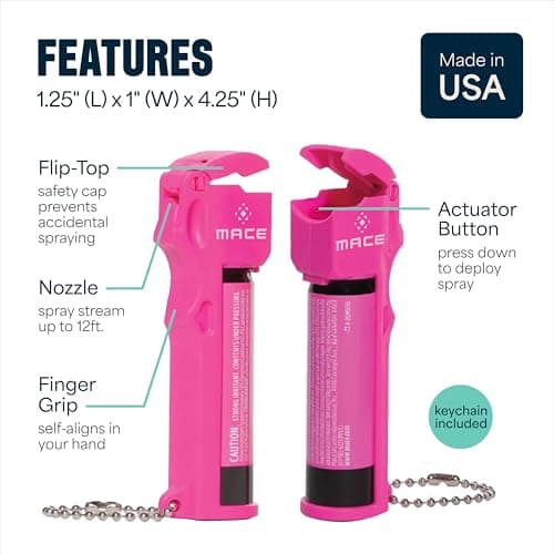 Mace Pepper Spray - Max Police Strength OC with UV Dye, Fast Flip Top, Ergonomic Finger Grip, 12 Feet Range, 0.63 oz Personal Model, Self Defense Pepper Spray for Women & Men