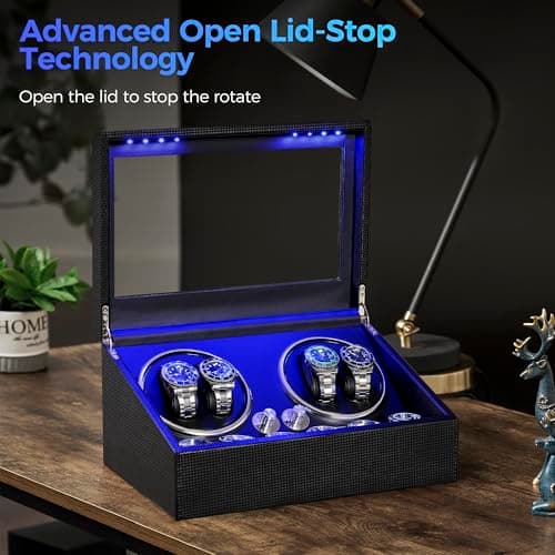 ANWBROAD ANWBROAD Watch Winder for Automatic Watches 4 Watch Rotator and 6 Extra Storages with Super Quiet Motor and LED Backlight Turner Carbon Fiber Shaker 5 Rotating Modes USB UJWW002F